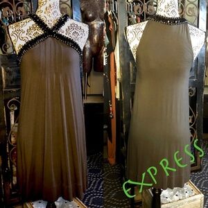 EXPRESS Gray Silky Knit Sleeveless Halter Babydoll Cocktail Party Dress~Beads~M
